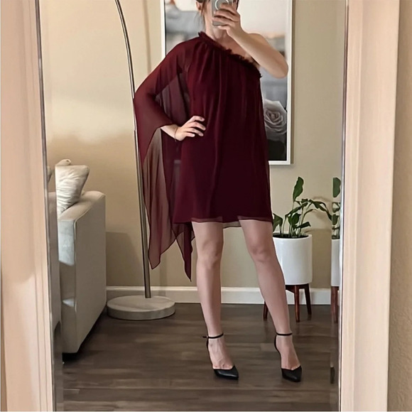 JayGodfrey Burgundy Silk One Shoulder Drape Frayed Mini Dress - Picture 6 of 6